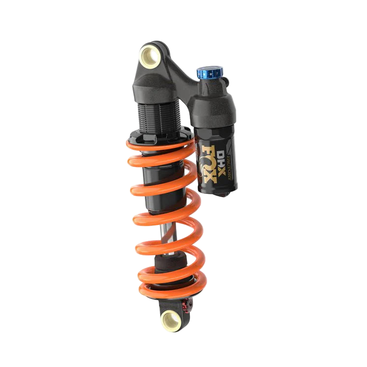A Fox DHX coil shock for bicycles, featuring a black body with orange springs and adjustment knobs.